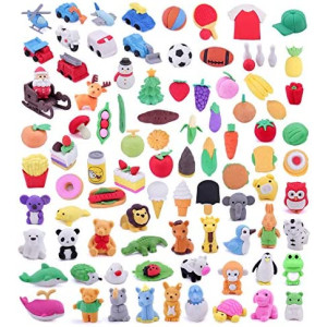 Greentime 90 Different Pencil Erasers, 3D Mini Cute Erasers Puzzle Animal Erasers for Birthday Party Favors, Desk Pets for Classroom School Carnival Prizes Desk Buddies Halloween Treat