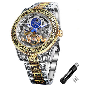FORSINING Vintage Watch for Men Engraved Automatic Self-Wind Mechanical Big Dial Luminous Moon Phase Golden Hollow Tattoo Pattern Wrist Watches, Mechanical
