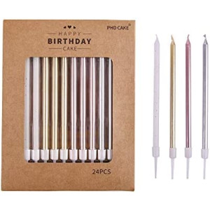 PHD CAKE 24-Count Long Birthday Candles in Holders in Gold Silver Rose Gold White, Cake Candles, Birthday Parties, Wedding Decorations, Party Candles, Celebrations