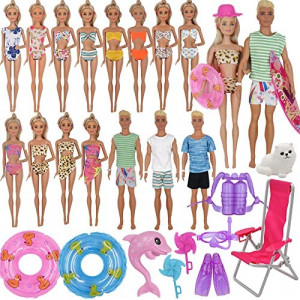 ZTWEDEN 42Pcs Doll Clothes and Swimming Accessories for 12 inch Boy and Girl Dolls Includes Bikini Swim Suit Swim Trunks Skateboard Lifebuoys Chair Diving Swimming Sets for 12 inch Doll Beach Style