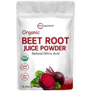 Organic Beet Root Powder, 1 Pound, Cold Pressed and Water Soluble, Beet Juice Pre-Workout Concentrated Powder, Contains Natural Nitrates Acid for Energy & Immune System Support, Non-GMO