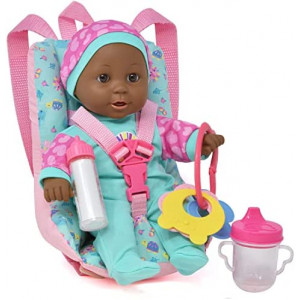 Baby Doll Car Seat with Toy Accessories, Includes 12 Inch Soft Body Black Baby Doll, Booster Seat Carrier, Rattle Toy, Bib and 2 Bottles, Travel Set for Toddler Infant Girl and Boy, African American