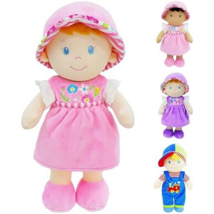 June Garden 12" Soft Dolly Emilia - Stuffed Soft Baby Doll Gift for 1 2 3 Year Old Girls - Pink Dress
