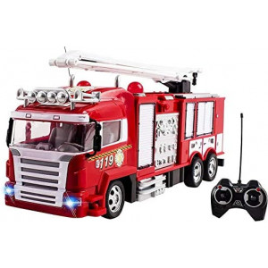 RC Fire Truck Toy Rescue Engine Radio Remote Control w/ Music and Flashing Lights Rechargeable Battery