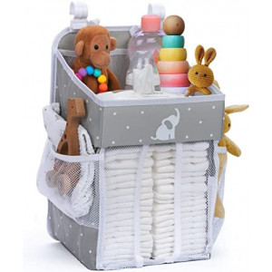 Cradle Star Hanging Diaper Caddy - Baby Shower Gifts Diaper Organizer for Changing Table - Hold 50+ Diapers - Nursery Baby Essentials for Newborn - Gray with White Elephant - 17x9x9 inches