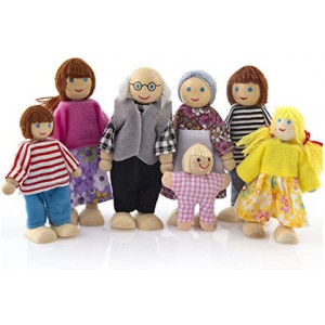 7 Pack Poseable Wooden Doll Dollhouse Dolls Wooden Doll Family Pretend Play Figures, Family Role Play Pretend Play Mini People Figures (Classic People)