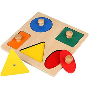 Montessori Wooden Puzzle Board Knob Wooden Puzzle Geometric Shape Puzzle Early Education Material Sensorial Toy for Toddler Shape & Color Sorter (5 Geometry Shape)