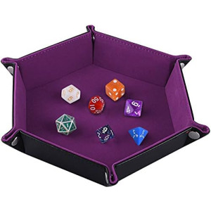 SIQUK Double Sided Dice Tray, Folding Hexagon PU Leather and Velvet Dice Holder for Dungeons and Dragons RPG Dice Gaming D&D and Other Table Games, Dark Violet