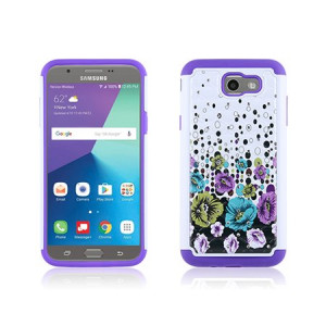 Purple Morning Glory Flowers Diamond Hybrid Case For Samsung Galaxy Halo / Galaxy J7v Phone