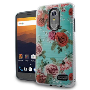 Mundaze ZTE Zmax PRO Red Roses Teal Brushed Armor Anti-Shock Phone Case