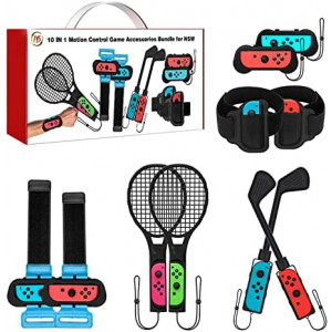 Nargos Switch Games Sports Accessories Bundle -10 in 1 Kit for Switch & Switch OLED: Joy Con Grips for Mario Golf Super Rush, Wrist Dance Bands & Leg Straps, Comfortable Grip Case and Tennis Rackets