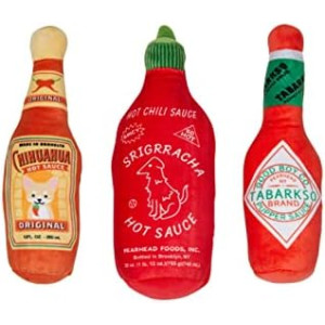 Pearhead Hot Sauce Dog Toys, Set of 3, Hot Sauce Toy Set for Dogs, Must Have Toys for Pet Owners, Plush Chew Toys Set of 3