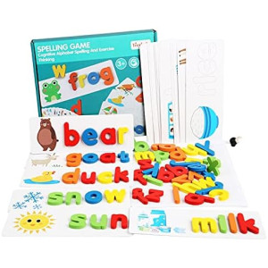 Wooden Toddler See and Spelling Learning Toy Matching Alphabet Word Game with 56 Different Words on 28 Two-Sided Cognitive Cards Letter Jigsaw Puzzle Toys for Kid’s Montessori Preschool Education
