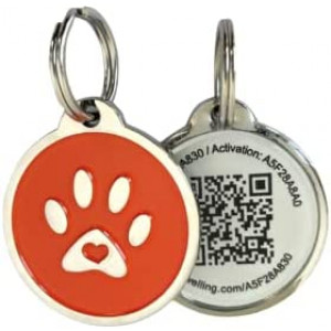 Pet Dwelling 2D QR Code Pet ID Tag - Dog Tags - Cat Tags, Link to Online Pet Profile, Instant Email Alert with Scan QR Tag GPS Location (Orange Paw 2D)