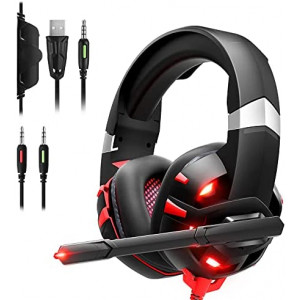 GIZORI Gaming Headset Xbox Headset, PS5 Headset with 7.1 Surround Sound Stereo, Gaming Headphones with Noise Canceling Mic & LED Light, Compatible with Xbox Series X|S, PS4, PS5, PC (Red), (K2)