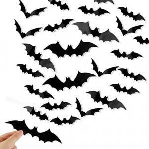 DIYASY Bats Wall Decor,120 Pcs 3D Bat Halloween Decoration Stickers for Home Decor 4 Size Waterproof Black Spooky Bats for Room Decor