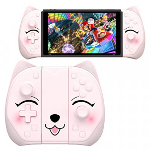 Mytrix Joy-Pad Joycon Wireless Controller for Switch, L/R NS Remote JC Pink Cat for Switch, Switch OLED & Switch Lite, Mappable Button, Wake-Up, Turbo, Motion Control, Vibration - Peachie