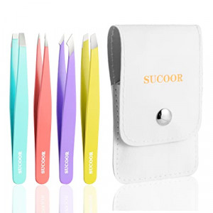 SUCOOR Tweezers Set - 4Pcs Professional Stainless Steel Tweezers, Best Precision Tweezers Set for Shaping Eyebrows, Great Beauty Tools for Facial Hair, Ingrown Hair, Blackhead Removal.(Multi-color)