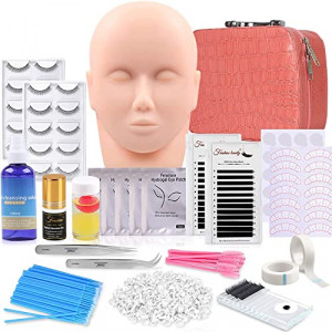 Eyelash Extension Kits, 17Pcs Professional Eyelash Grafting Training Tools Lashes Extension Practice Exercise Set with Mannequin Head Makeup Bag Glue Tweezers for Practice Eye Lashes Graft (17PCS)