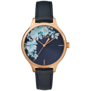 Timex Women's Crystal Bloom Blue/Rose Gold Floral Accent Watch, Leather Strap