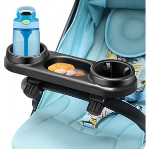 Piosoo Stroller Snack Tray with Cup Holder, Universal Stroller Snack Attachment, Upgraded Removable Non-Slip Grip Clip for Stroller Bar, Large Capacity