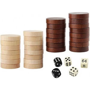 Amerous Wooden Checkers Pieces Nature Wood Backgammon Pieces with Drawstring Bag, 5 Dices Included