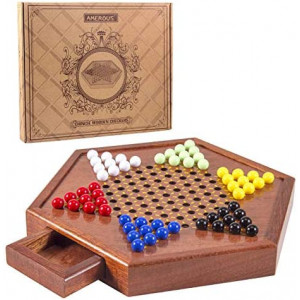 AMEROUS 12.5 inches Wooden Chinese Checkers Set with Storage Drawer - 60 Acrylic Marbles in 6 Colors - 12 Bonus Spare Marbles, Classic Strategy Family Board Game for Kids and Adults