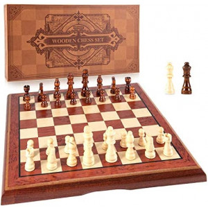 AMEROUS 15'' Magnetic Wooden Chess Set -Folding Board -2 Extra Queens -Chessmen Storage Slots -Gift Package, Travel Chess Board Game Sets, Chess Rules for Beginner - Chess Set for Kids and Adults