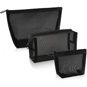 3 Pieces Mesh Cosmetic Bag Mesh Makeup Bags Mesh Zipper Pouch for Offices Travel Accessories, 3 Sizes (Black)