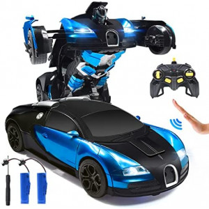 RC Cars Robot for Kids Remote Control Car Transformrobot Toys for Boys Girls Age of 6,7,8-16 Year Old Gifts One Button Transforms into Robot with LED Light Intelligent Vehicle (Blue)