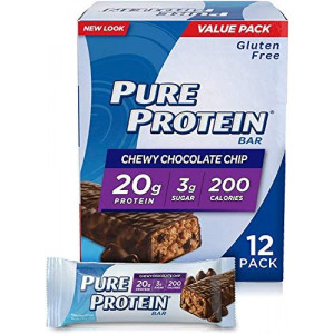 Pure Protein Bars, High Protein, Nutritious Snacks to Support Energy, Low Sugar, Gluten Free, Chewy Chocolate Chip, 1.76 Oz (Pack of 12)