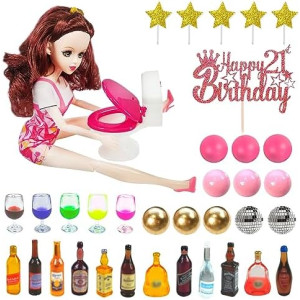 Mini Wine Bottles Cake Toppers With 12 Mini Wine Bottles 5 Mini Wine Glasses 1 Toilet Toy 1 Beauty Doll 21st Birthday Cake Topper for Celebrating Birthday 21st Girl Party (Brown)