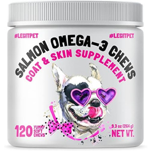 Omega 3 Alaskan Salmon Oil Treats for Dogs 120 Fish Oil Chew Supplement Skin and Coat Allergy and Itch Relief Hip & Joint Health Brain Shedding Hot Spots Treatment Omega 3 6 9 EPA & DHA Fatty Acids