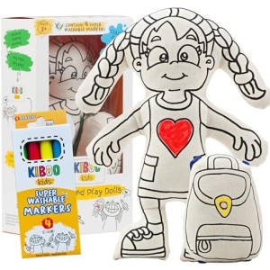 Kiboo Kids Color Your Doll - Washable Art Toy with Mini Doll Backpack and Markers - Educational Craft for Creative Play (Girl Doll with Braids)