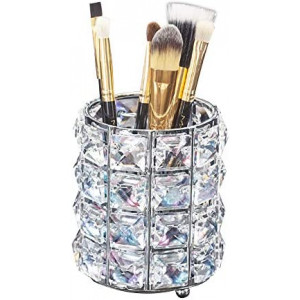 Makeup Brush Holder Organizer Golden Crystal Bling Personalized Gold Comb Brushes Pen Pencil Storage Box Container (Crystal Pot-Sliver)
