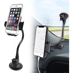 Macally Windshield Phone Mount for Car, Super Strong Suction Cup Phone Holder for Truck - Universal Gooseneck Window Phone Mount for Car, Compatible with iPhone, Samsung, Cell Phone, Android, Mobile