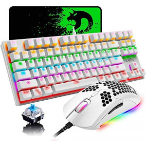 Wired Gaming Keyboard and Mouse Combo,87 Keys Compact Rainbow Backlit Keyboard,RGB Backlit 6400 DPI Lightweight Gaming Mouse with Honeycomb Shell for Windows PC Gamers