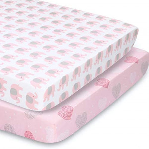 The Peanutshell Fitted Pack n Play, Playard, Mini Crib Sheets for Baby Girls | 2 Pack Set | Pink Elephants & Hearts