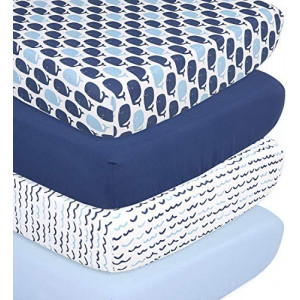 The Peanutshell Nautical Fitted Crib Sheet Set for Baby Boys or Girls - 4 Pack Nursery Set - Solid Blue, Whale Theme, & Waves