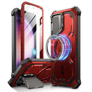 i-Blason Armorbox for Samsung Galaxy S24 Plus Case with Camera Cover Stand [MagSafe Compatible] [Military-Grade Protection] Full-Body Rugged Magnetic Phone Case with Built-in Screen Protector, Red