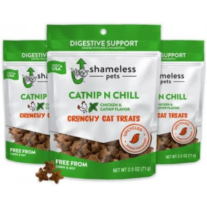 Shameless Pets Cat Treats - Crunchy Treats for Cats with Catnip, Coat, & Digestive Support, Sustainable Upcycled Natural Ingredients & Real Meat, Low Calorie Healthy Feline Food - 3-Pk