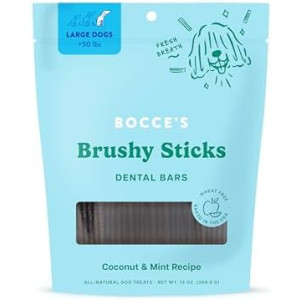 Bocce’s Bakery Dailies Brushy Sticks to Support Oral Health & Fresh Breath, Wheat-Free Dental Bars for Dogs, Made with Real Ingredients, Baked in the USA, All-Natural Coconut & Mint Recipe, Large Dogs