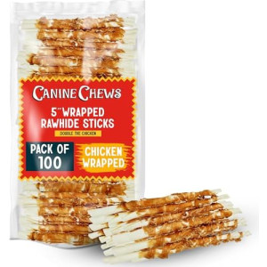 Canine Chews 5" Double Wrapped Chicken Dog Treats - 100% USA Chicken Wrapped Dog Treats Double Chicken Sticks for Dogs - Wrapped Dog Chicken Treats - Chicken Wrapped Rawhide Dog Sticks Treats 100pk