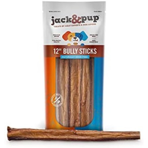 Jack&Pup 12-inch Premium Grade Odor Free Bully Sticks Dog Treats [Thick-Size] 12” Long All Natural Gourmet Dog Treat Chews – Fresh and Savory Beef Flavor – 30% Longer Lasting (3 Ct) - Model F214