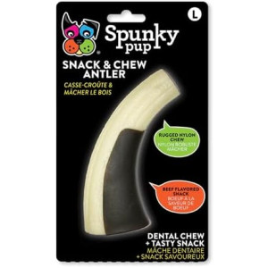 Spunky pup Snack & Chew Antler for Dogs | 2-in-1 Beef Flavored Rugged Nylon Dog Chew Treat and Dog Toy | Dental Chew for Healthy Teeth and Gums | Long Lasting Treat for Pets | Med to Large Breeds