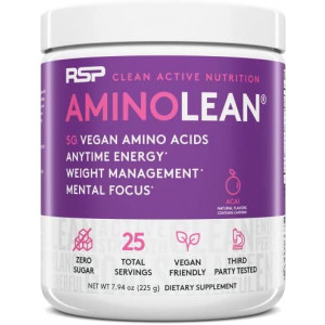 RSP Vegan AminoLean - All-in-One Natural Pre Workout, Amino Energy, Weight Management - Vegan BCAAs, Preworkout for Men & Women, Acai, 25 Serv