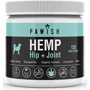 Hemp Hip & Joint Supplement for Dogs with Organic Hemp Oil, Glucosamine, Turmeric, MSM - for Joint Support, Mobility, Arthritis Pain Relief and Anxiety - 120 Soft Chews