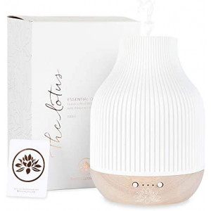 Essential Oil Diffuser Lamp, White Ceramic + Wood, Ultrasonic 180ml, Whispersoft, 4 Timers + 5 Light Settings, Auto Shut Off, Home + Office, Humidifier Air Purifier Aromatherapy