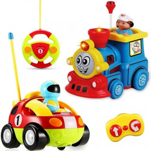 Haktoys Remote Control Cartoon Race Car and Train Locomotive RC Radio Control Toys for Toddlers and Kids, Pack of 2 Cars in Different Frequencies so That Two Players Can Play Together