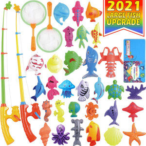 Magnetic Fishing Toys Game Set for Kids by ECLifeHack for Bathtime or Pool Party with Pole Rod Net, Plastic Floating Fish - Toddler Education Teaching and Learning of all Size Colors Ocean Sea Animals